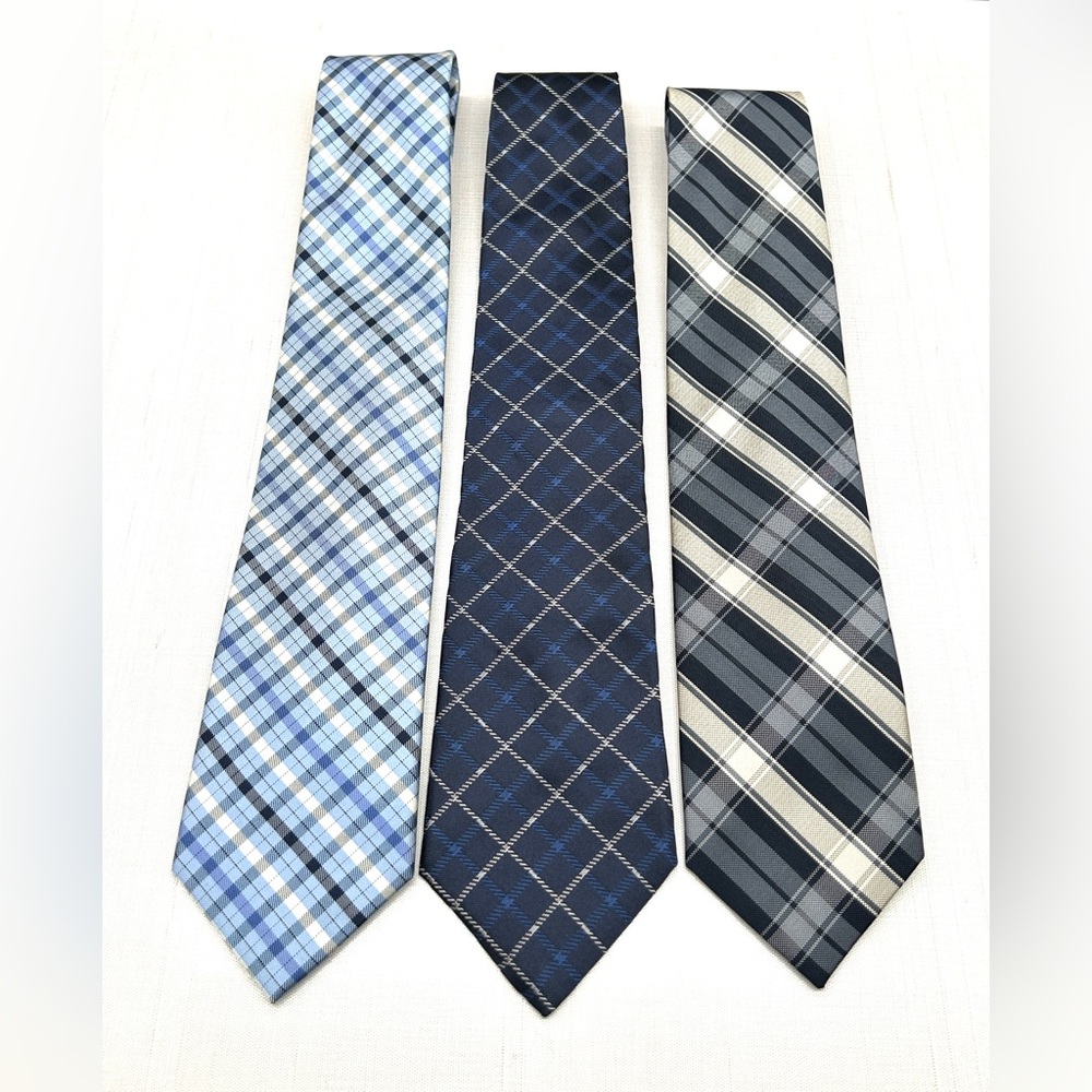 Jos A Bank Plaid Neck Tie Bundle of 3 Navy Royal Blue White 3 3/8-3.5” EUC - Picture 10 of 13